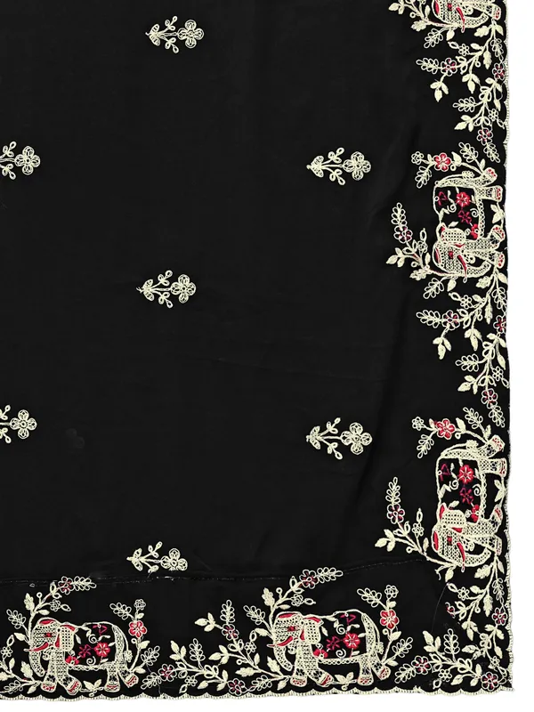 Georgette_Embroidered_Dupatta_With_Elephant_Floral_Border_Black