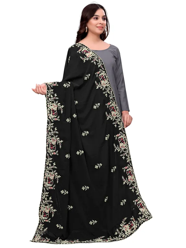 Georgette_Embroidered_Dupatta_With_Elephant_Floral_Border_Black