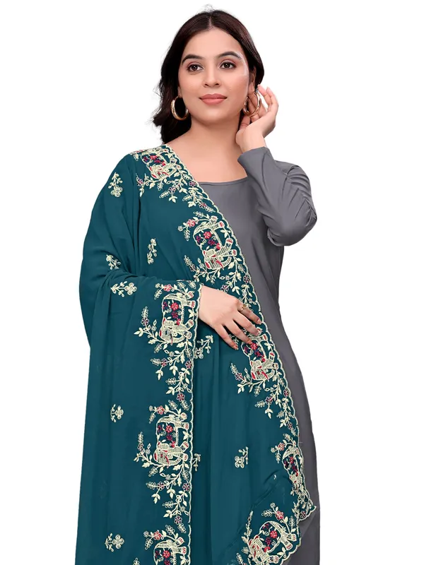 Georgette_Embroidered_Dupatta_With_Elephant_Floral_Border_Kerosin_Blue