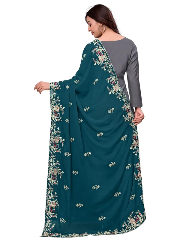 Georgette_Embroidered_Dupatta_With_Elephant_Floral_Border_Kerosin_Blue