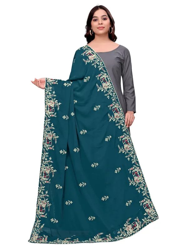 Georgette_Embroidered_Dupatta_With_Elephant_Floral_Border_Kerosin_Blue