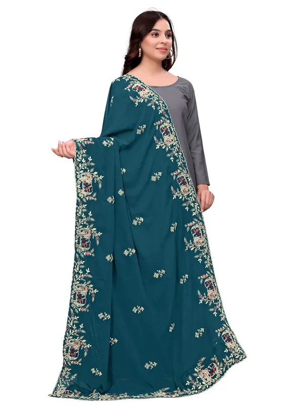 Georgette_Embroidered_Dupatta_With_Elephant_Floral_Border_Kerosin_Blue