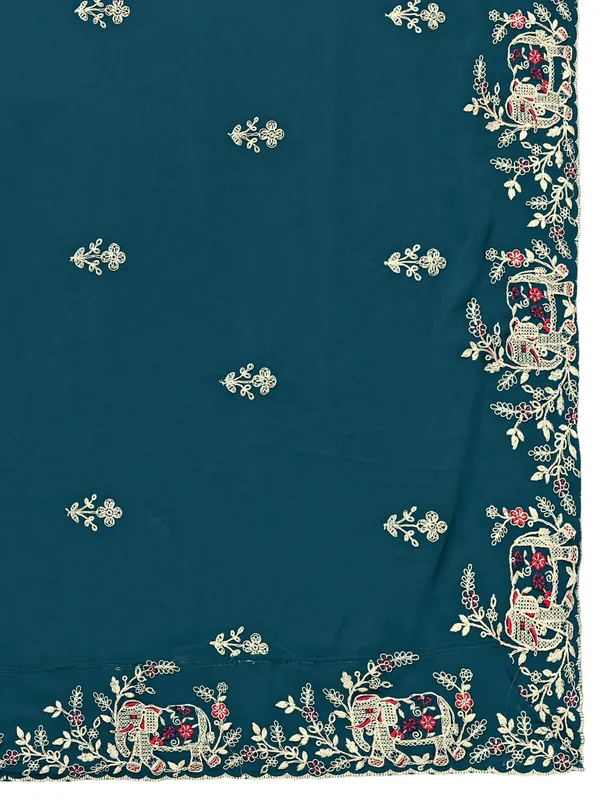 Georgette_Embroidered_Dupatta_With_Elephant_Floral_Border_Kerosin_Blue