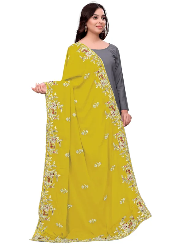 Georgette_Embroidered_Dupatta_With_Elephant_Floral_Border_Mustard_Yellow