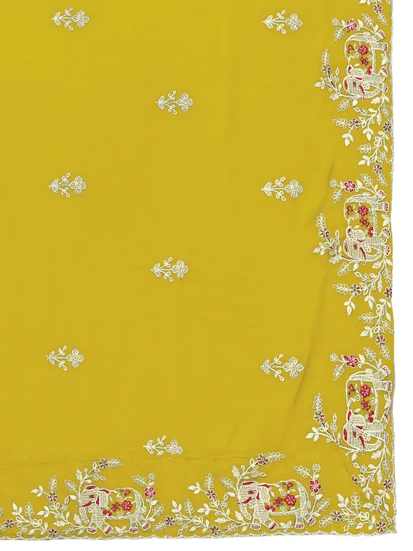 Georgette_Embroidered_Dupatta_With_Elephant_Floral_Border_Mustard_Yellow