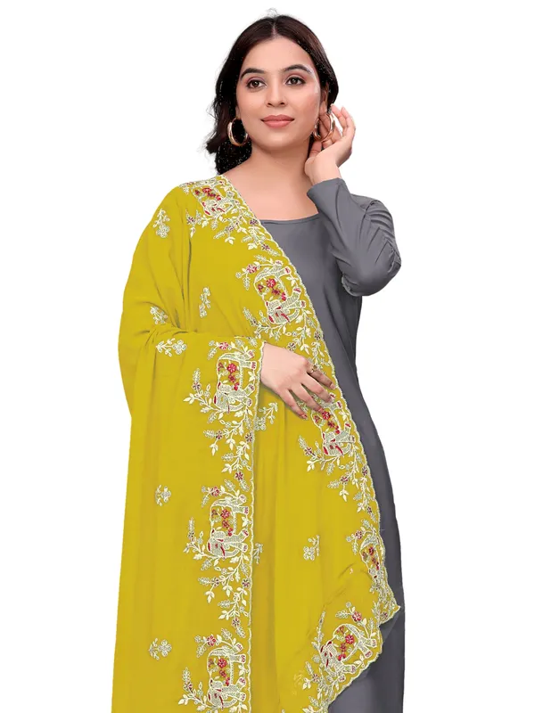 Georgette_Embroidered_Dupatta_With_Elephant_Floral_Border_Mustard_Yellow