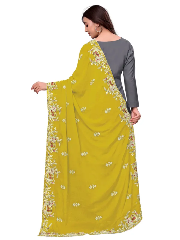 Georgette_Embroidered_Dupatta_With_Elephant_Floral_Border_Mustard_Yellow