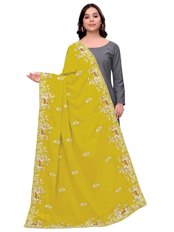 Georgette_Embroidered_Dupatta_With_Elephant_Floral_Border_Mustard_Yellow