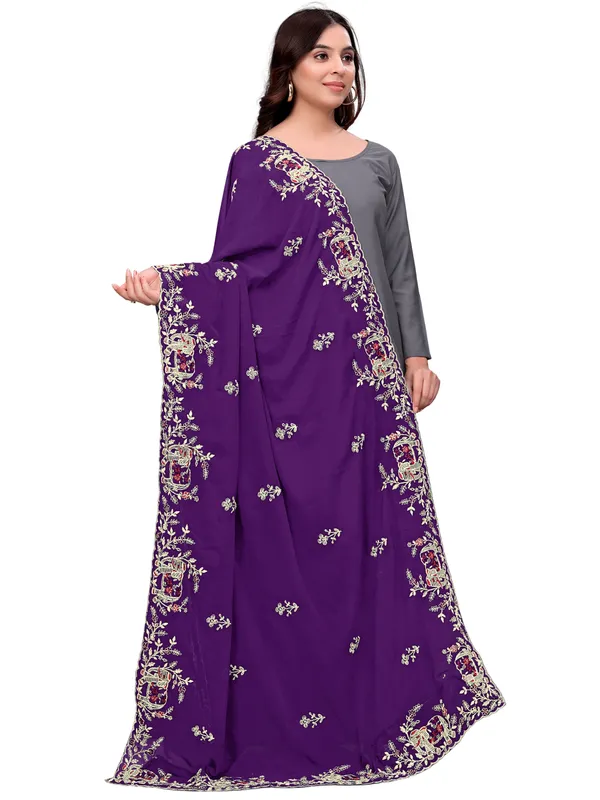 Georgette_Embroidered_Dupatta_With_Elephant_Floral_Border_Wine