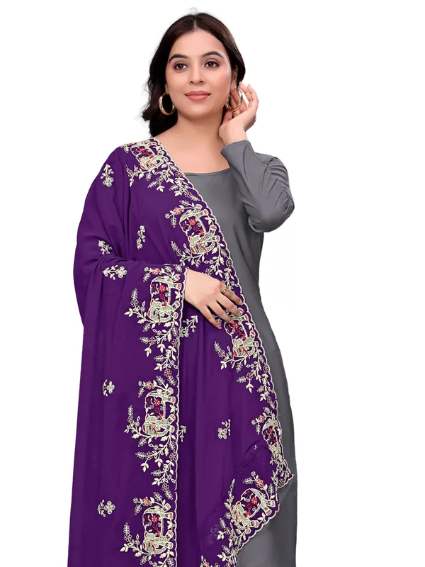 Georgette_Embroidered_Dupatta_With_Elephant_Floral_Border_Wine