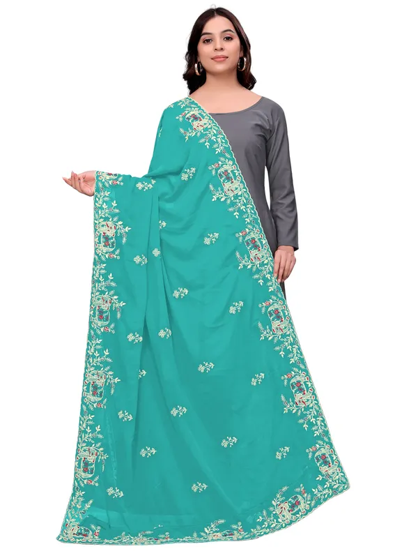 Georgette_Embroidered_Dupatta_With_Elephant_Floral_Border_Sky_Blue