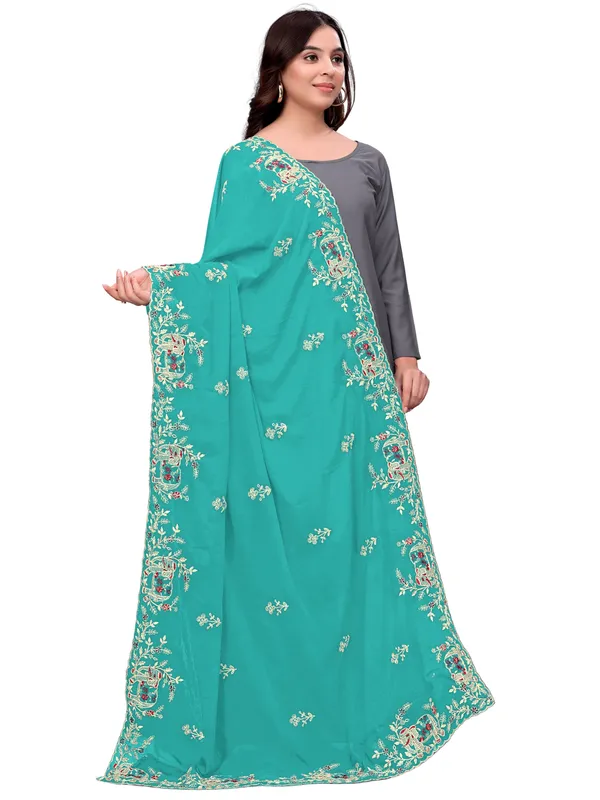 Georgette_Embroidered_Dupatta_With_Elephant_Floral_Border_Sky_Blue