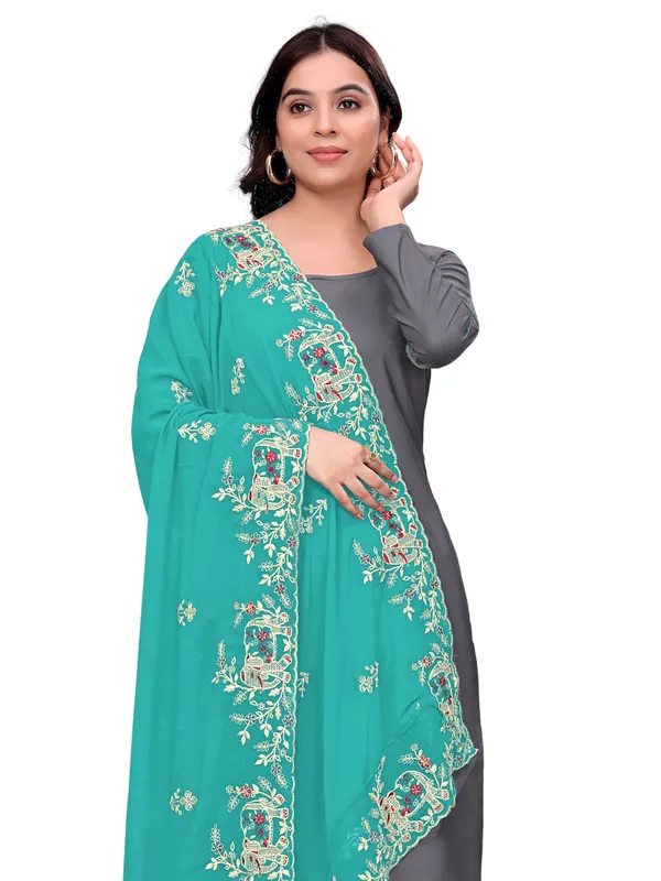 Georgette_Embroidered_Dupatta_With_Elephant_Floral_Border_Sky_Blue