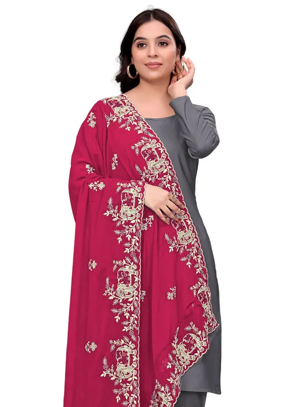 Georgette_Embroidered_Dupatta_With_Elephant_Floral_Border_Pink