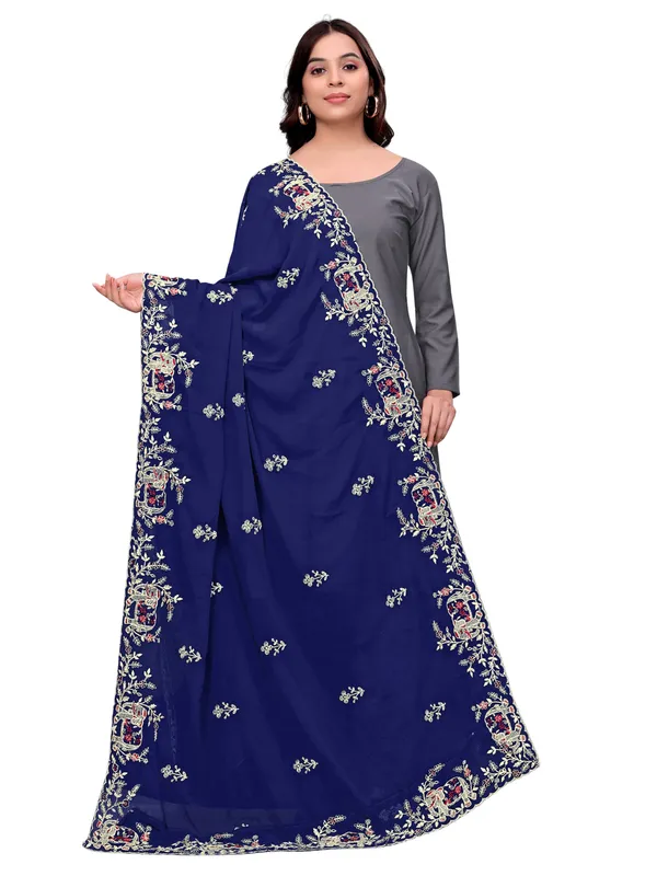 Georgette_Embroidered_Dupatta_With_Elephant_Floral_Border_Navy_Blue
