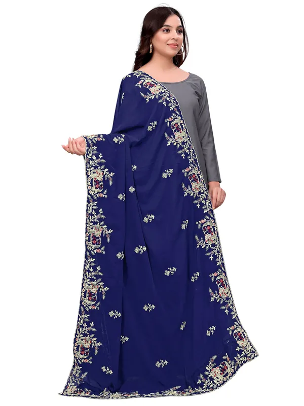 Georgette_Embroidered_Dupatta_With_Elephant_Floral_Border_Navy_Blue