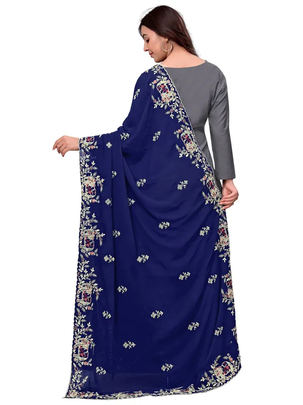 Georgette_Embroidered_Dupatta_With_Elephant_Floral_Border_Navy_Blue