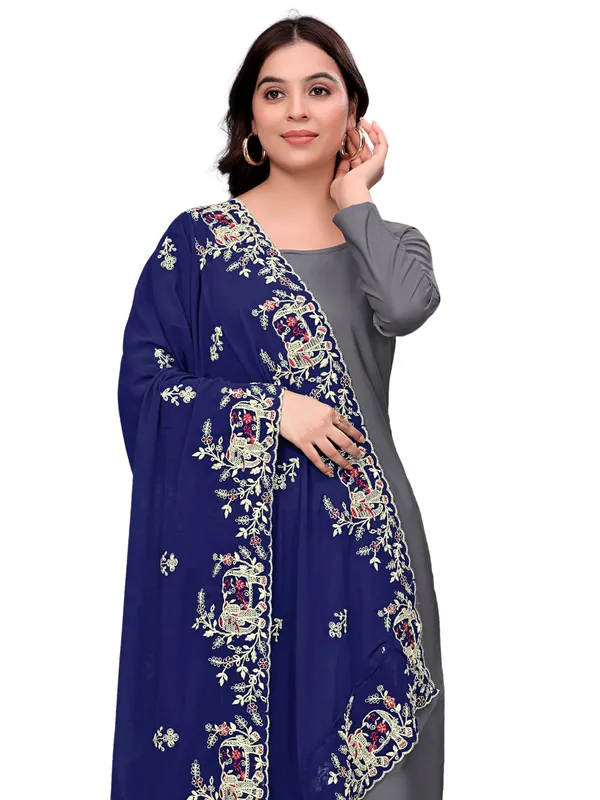 Georgette_Embroidered_Dupatta_With_Elephant_Floral_Border_Navy_Blue