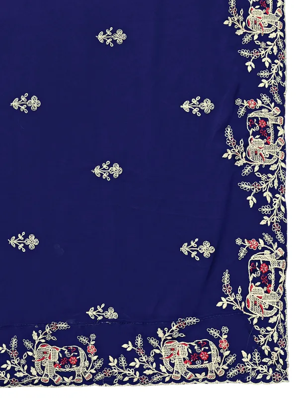 Georgette_Embroidered_Dupatta_With_Elephant_Floral_Border_Navy_Blue