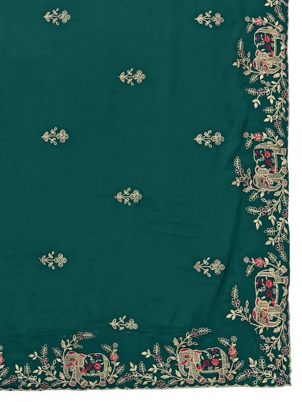 Georgette_Embroidered_Dupatta_With_Elephant_Floral_Border_Green