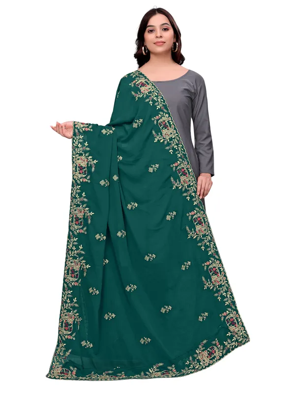 Georgette_Embroidered_Dupatta_With_Elephant_Floral_Border_Green