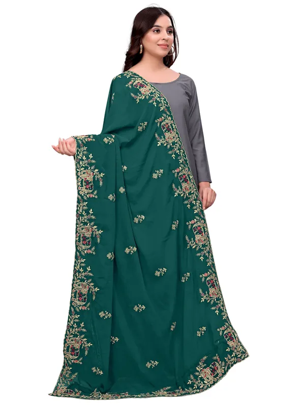 Georgette_Embroidered_Dupatta_With_Elephant_Floral_Border_Green