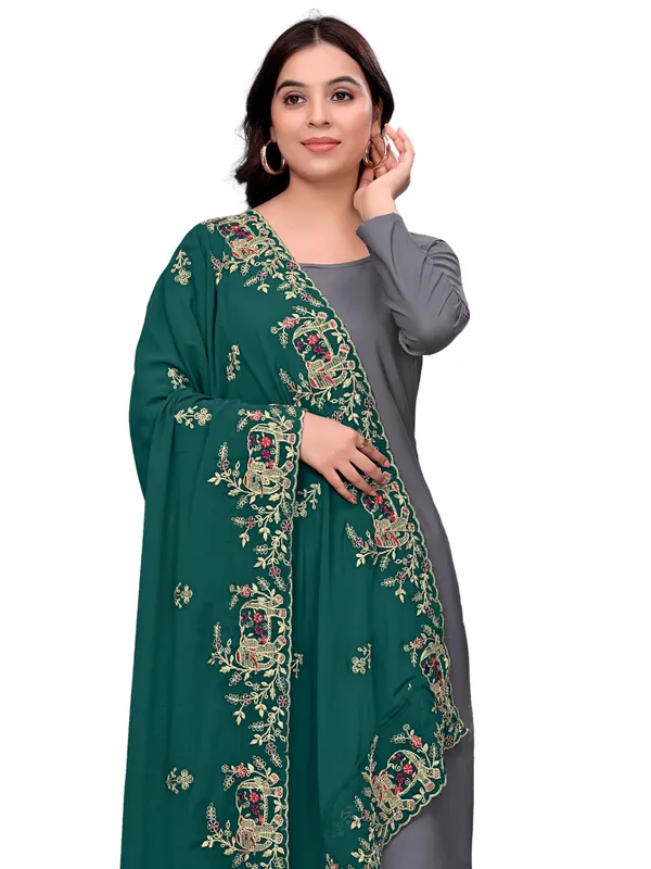 Georgette_Embroidered_Dupatta_With_Elephant_Floral_Border_Green