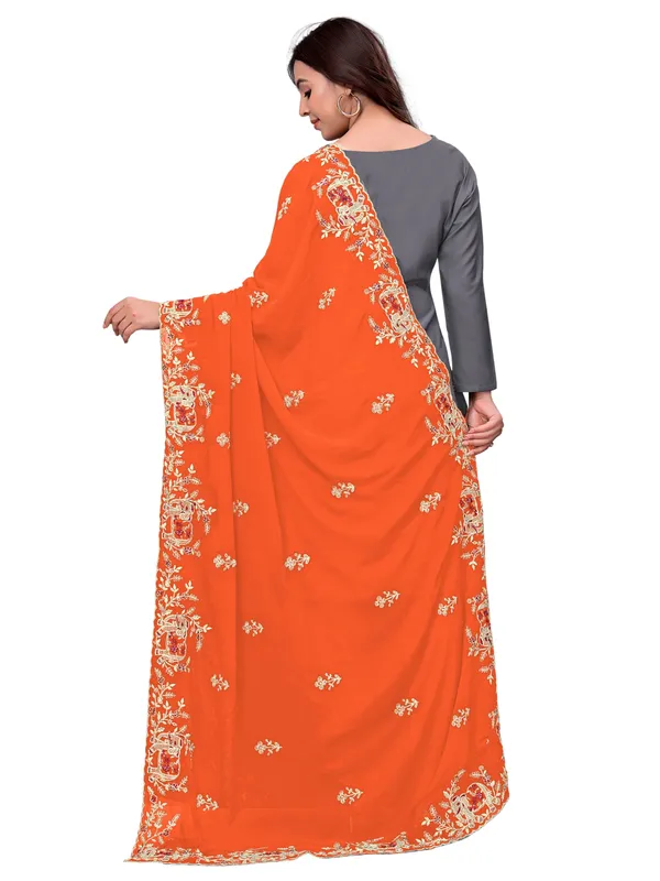 Georgette_Embroidered_Dupatta_With_Elephant_Floral_Border_Orange
