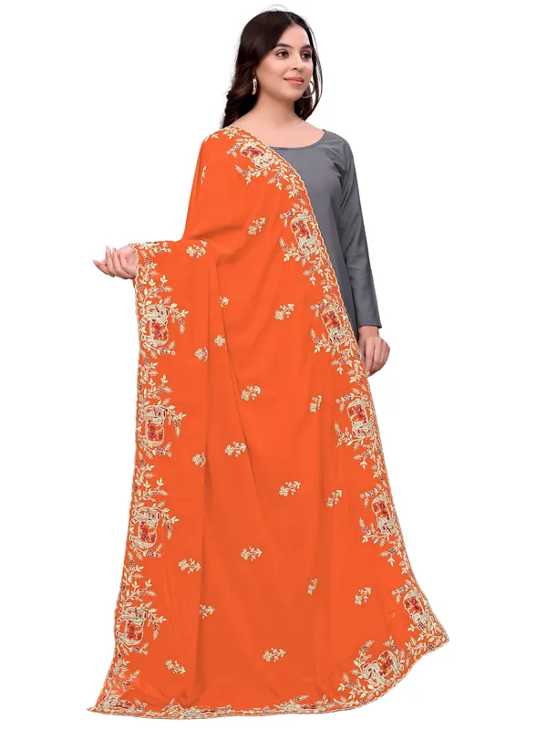 Georgette_Embroidered_Dupatta_With_Elephant_Floral_Border_Orange