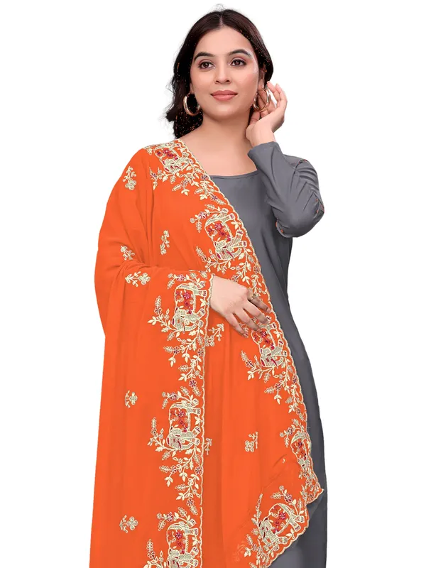 Georgette_Embroidered_Dupatta_With_Elephant_Floral_Border_Orange