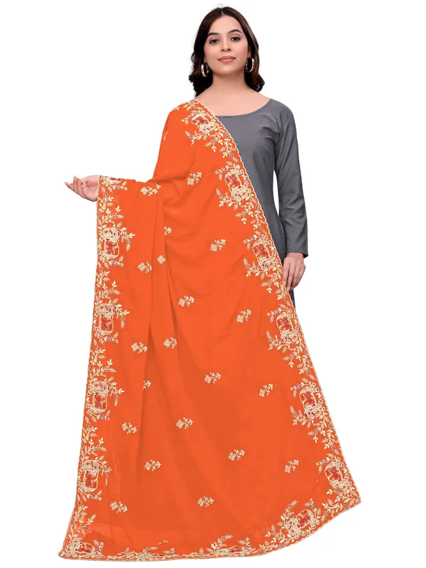 Georgette_Embroidered_Dupatta_With_Elephant_Floral_Border_Orange