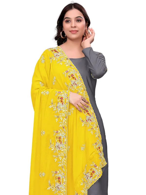 Georgette_Embroidered_Dupatta_With_Elephant_Floral_Border_Yellow