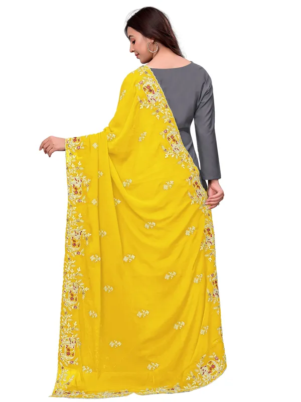 Georgette_Embroidered_Dupatta_With_Elephant_Floral_Border_Yellow