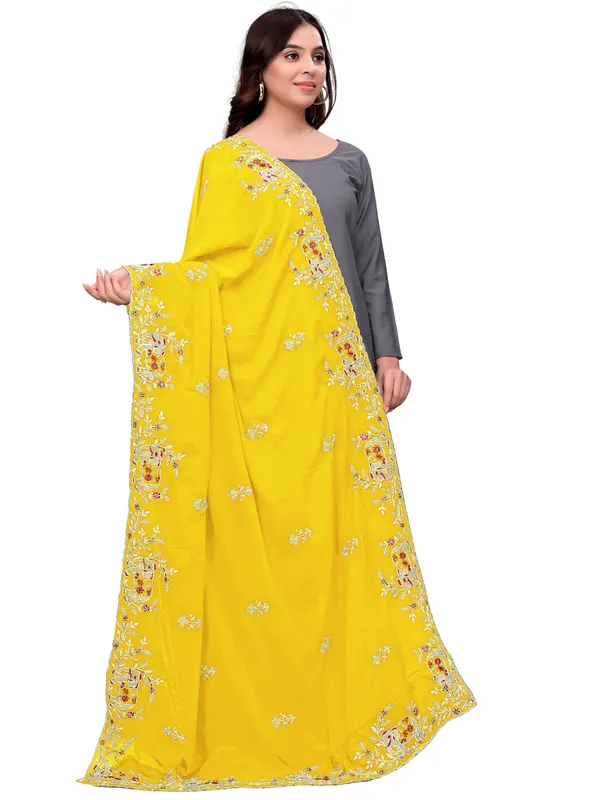 Georgette_Embroidered_Dupatta_With_Elephant_Floral_Border_Yellow