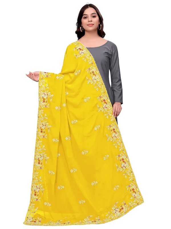 Georgette_Embroidered_Dupatta_With_Elephant_Floral_Border_Yellow