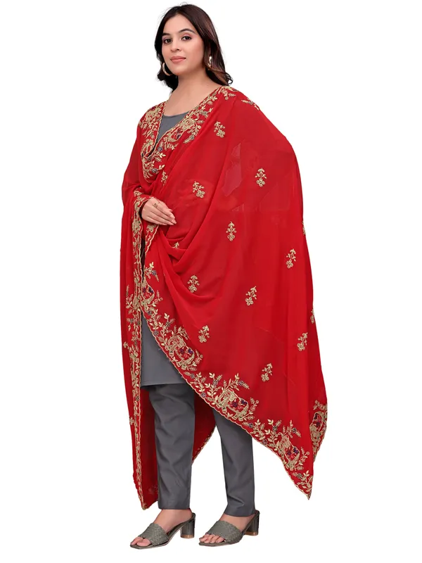 Georgette_Embroidered_Dupatta_With_Elephant_Floral_Border_Red
