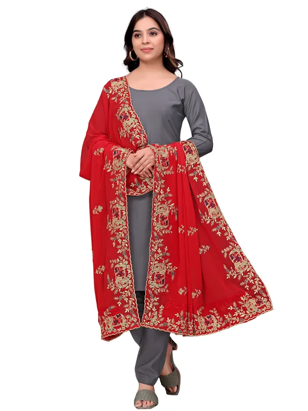Georgette_Embroidered_Dupatta_With_Elephant_Floral_Border_Red