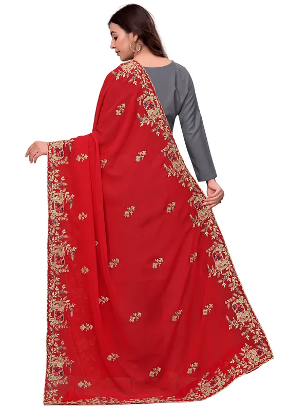 Georgette_Embroidered_Dupatta_With_Elephant_Floral_Border_Red