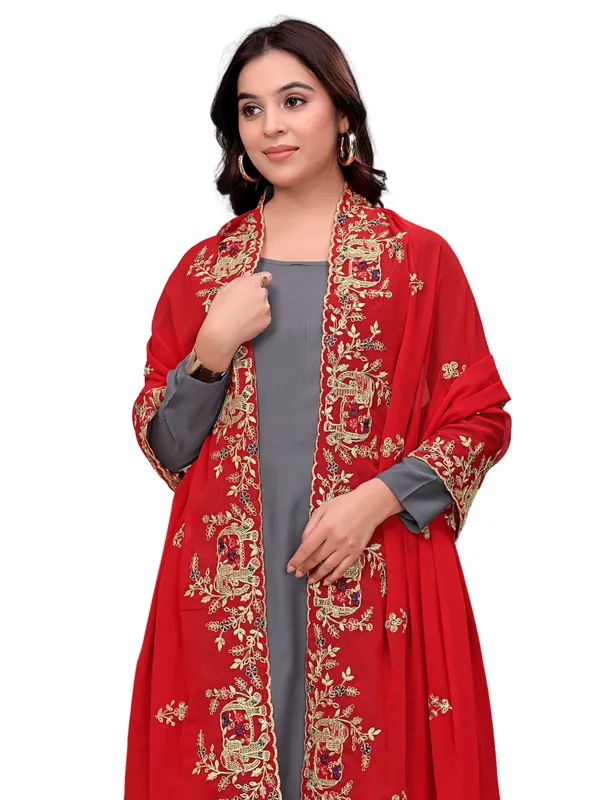Georgette_Embroidered_Dupatta_With_Elephant_Floral_Border_Red