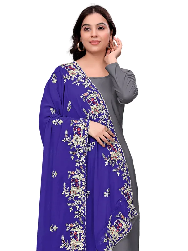 Georgette_Embroidered_Dupatta_With_Elephant_Floral_Border_Royal_Blue