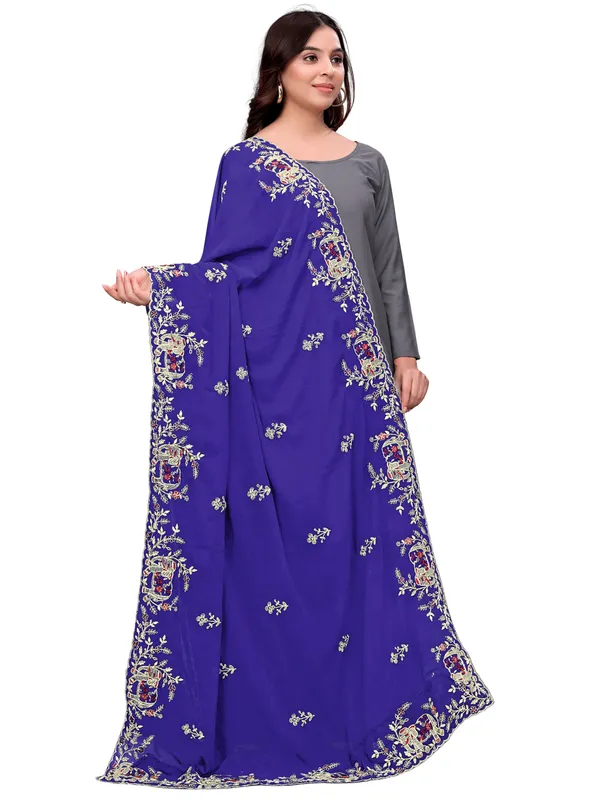 Georgette_Embroidered_Dupatta_With_Elephant_Floral_Border_Royal_Blue