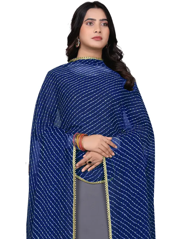Georgette_Leheriya_Print_Dupatta_With_Gold_Gota_Lace_Border_Navy_Blue