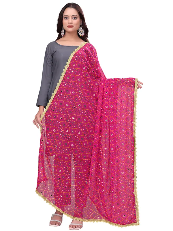 Georgette_Bandhani_Leheriya_Print_Dupatta_With_Mirror_Work_Pink