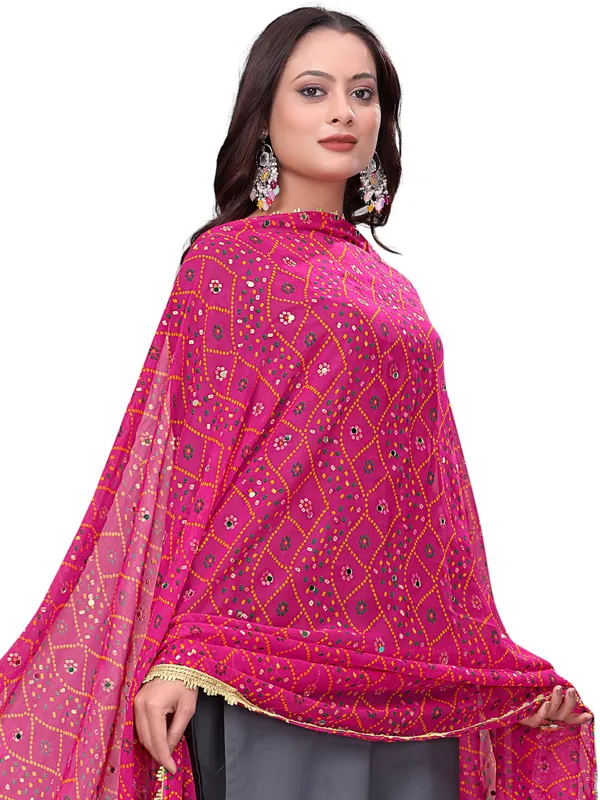 Georgette_Bandhani_Leheriya_Print_Dupatta_With_Mirror_Work_Pink
