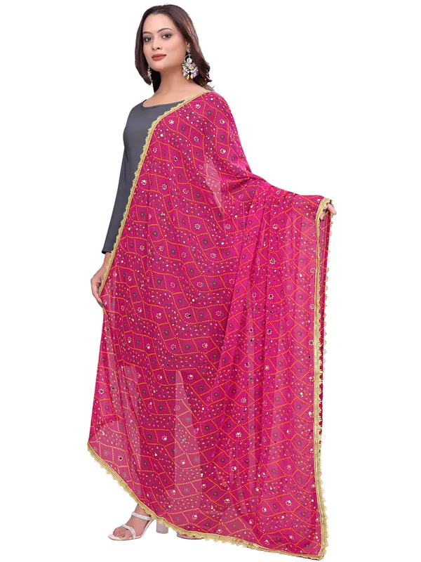 Georgette_Bandhani_Leheriya_Print_Dupatta_With_Mirror_Work_Pink