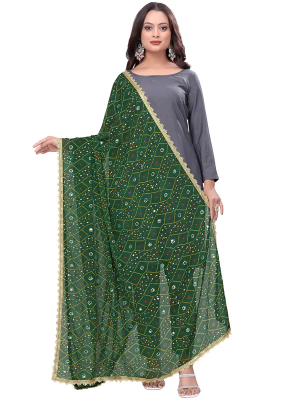 Georgette_Bandhani_Leheriya_Print_Dupatta_With_Mirror_Work_Green