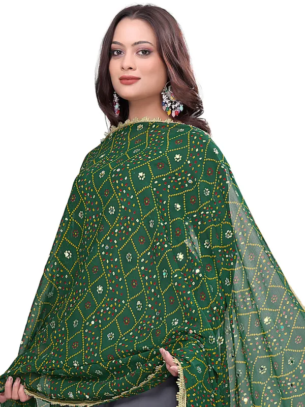 Georgette_Bandhani_Leheriya_Print_Dupatta_With_Mirror_Work_Green