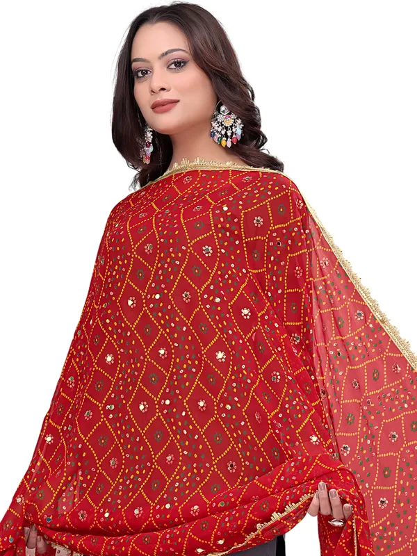 Georgette_Bandhani_Leheriya_Print_Dupatta_With_Mirror_Work_Red