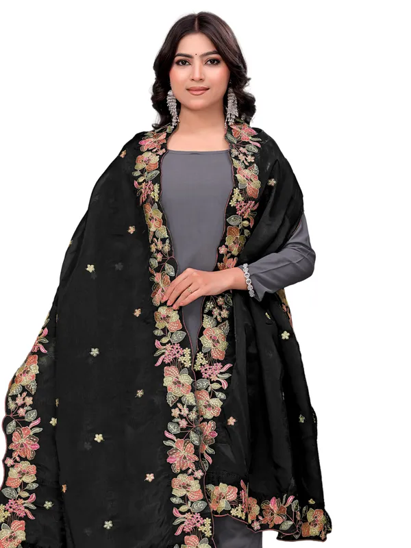 Art_Silk_Crush_Floral_Embroidered_Dupatta_With_Sequin_Work_Black