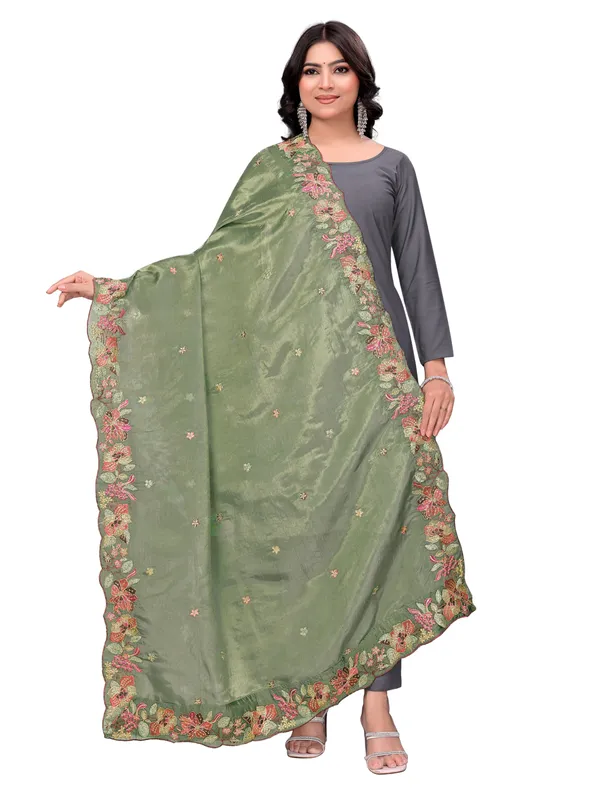 Art_Silk_Crush_Floral_Embroidered_Dupatta_With_Sequin_Work_Mahendi_Green